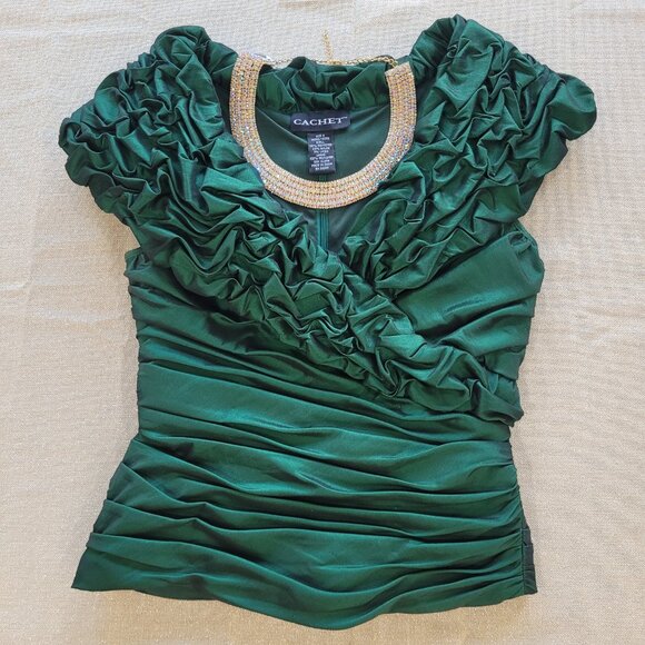 Emerald Green V Neck Bodycon Top. Back Zipper. 6. Cachet. - Picture 15 of 16